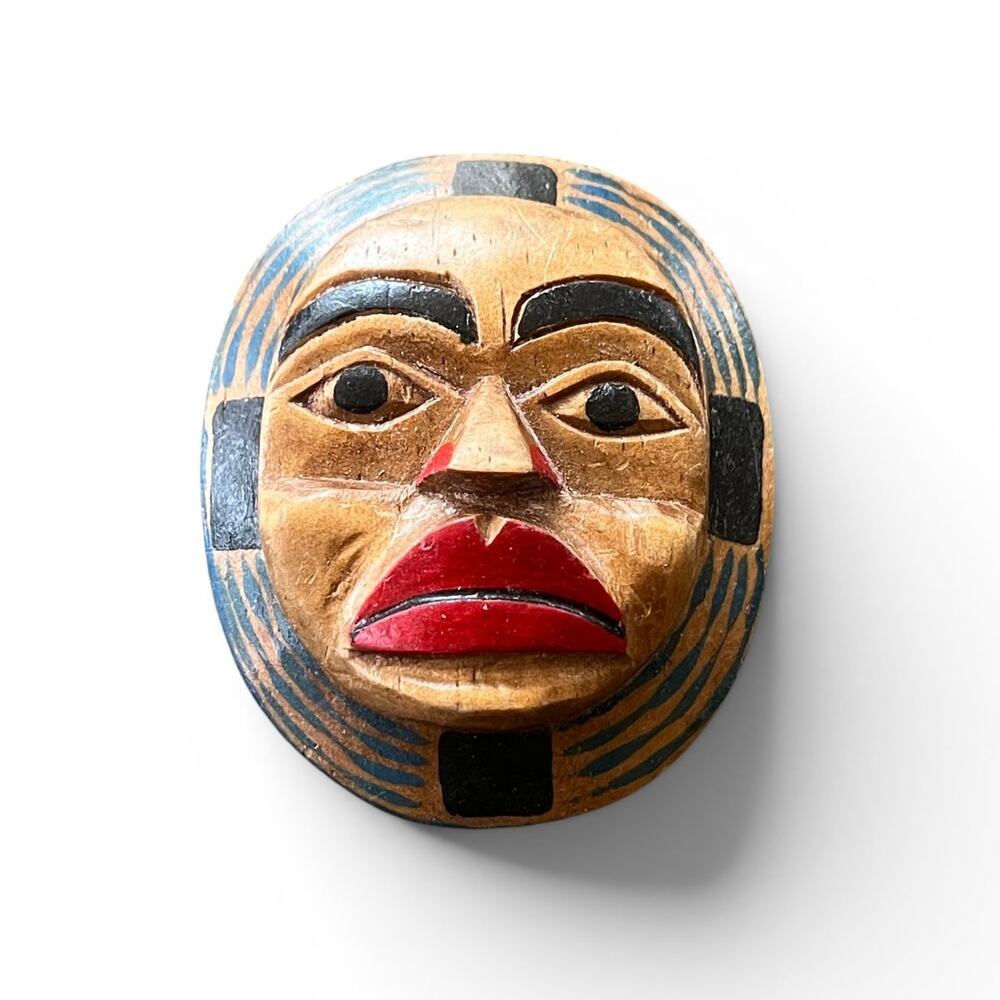 ARTIE GEORGE Signed Vintage Indigenous Miniature Moon Mask Wood Brooch Pin